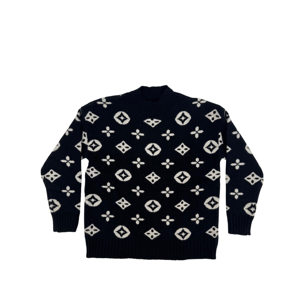 S.Christina 100% Cashmere Black White Geometric Floral Mock Neck Sweater S/M